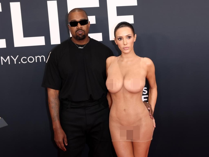 West proudly showed off his wife at the Grammys last year when she wore close to nothing on the red carpet (this photo is censored). Picture: Matt Winkelmeyer/Getty Images