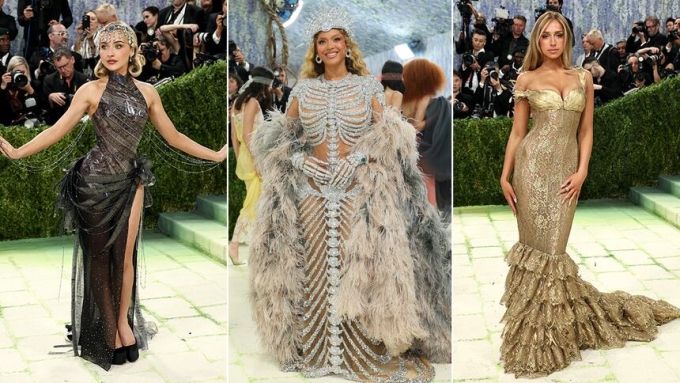Sabrina Carpenter, Beyoncé and Tate McRae, left to right, attend the 2026 Met Gala. (Getty Images)