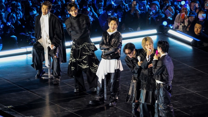 BTS perform onstage during a free concert at Gwanghwamun Square on March 21, 2026 in Seoul, South Korea. Kim Hong-Ji/Pool/Getty Images