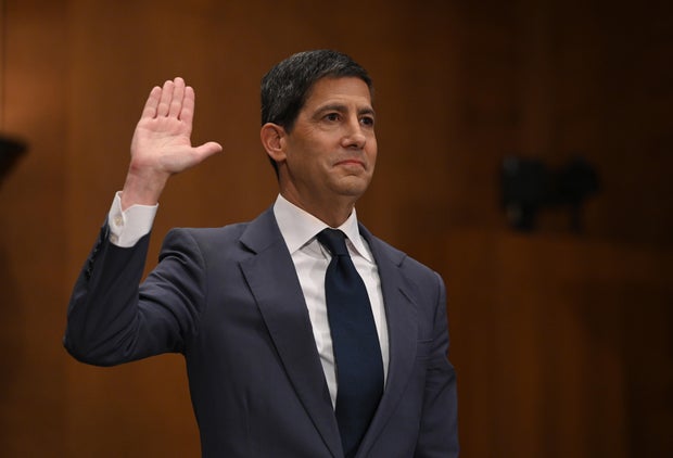 Kevin Warsh is sworn in during a Senate Banking, Housing, and Urban Affairs Committee confirmation hearing on April 2 in Washington, D.C. Chen Mengtong/China News Service/VCG via Getty Images