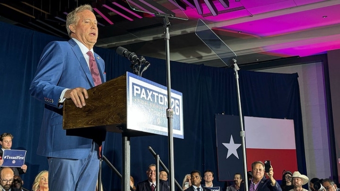 Texas Attorney General Ken Paxton speaks to supporters after winning the Republican Senate nomination, in Plano, Texas on May 26, 2026. (Fox News Digital/Amanda Macias)