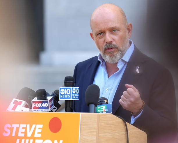 Republican gubernatorial candidate Steve Hilton speaks in Sacramento, California, on 3 June. Photograph: Rich Pedroncelli/AP