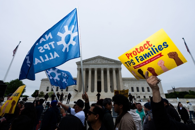 Temporary Protected Status holders along with union leaders and advocates rally as the Supreme Court prepares to hear oral arguments in Mullin v. Doe on Wednesday, April 29.  Bill Clark/CQ-Roll Call, Inc/Getty Images