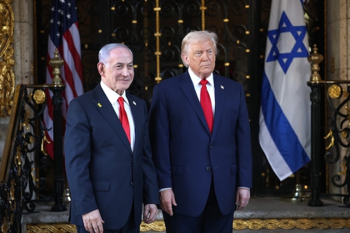 President Donald Trump welcomes Israeli Prime Minister Benjamin Netanyahu to his Mar-a-Lago club, Dec. 29, 2025, in Palm Beach, Fla. Joe Raedle/Getty Images