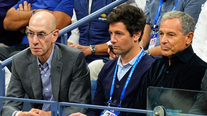 NBA commissioner Adam Silver with the two men set to be the Lakers new owners, billionaire Josh Kushner and former Disney CEO Bob Iger, who still need league approval to buy the team. XNY/Star Max/GC Images/Getty Images