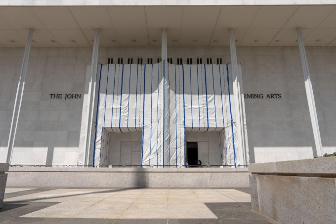 The Kennedy Center tarps have stood for two months. (AP Photo/Mark Schiefelbein) Copyright 2026 Associated Press. All rights reserved