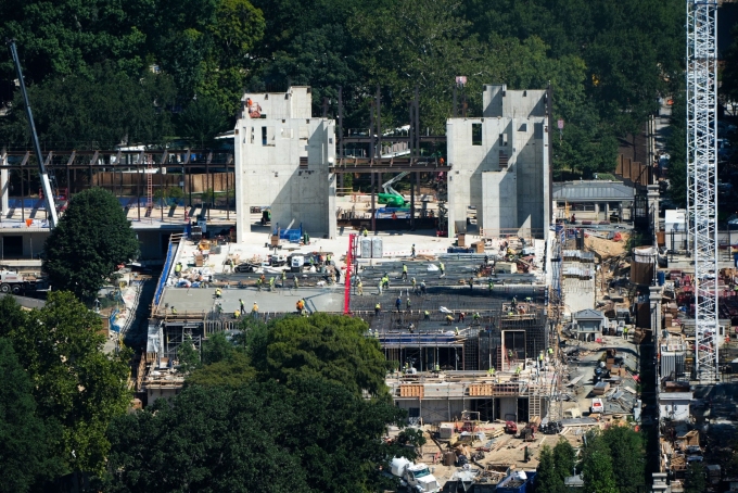 Workers continue construction on the new White House ballroom, as seen from the Washington Monument on August 19 in Washington, DC. Alex Brandon/AP