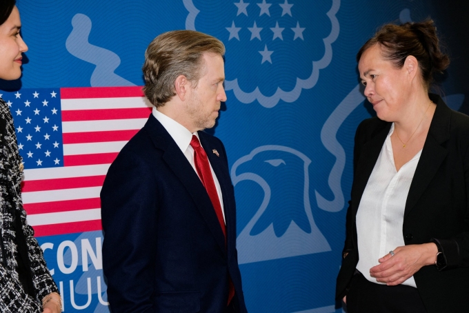 U.S. Ambassador to Denmark Kenneth A. Howery with Vivian Motzfeldt, a member of the Greenlandic Parliament (Demokraatit), at the opening of a new U.S. consulate in Nuuk, Greenland, May 21, 2026. REUTERS/Tim Barsoe