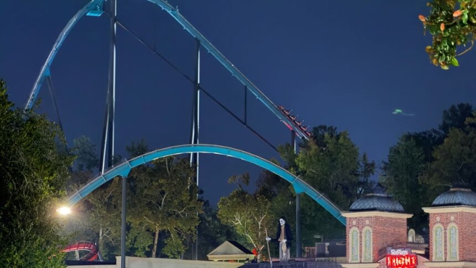 A roller-coaster is shown at Six Flags Over Georgia on Monday. One person died and several others were injured in an incident involving a roller-coaster at the park. (Emilie Megnien/The Associated Press)