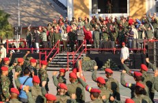 Venezuela’s President Nicolás Maduro, center, at a military ceremony in Caracas, on Monday.CreditMiraflores Palace