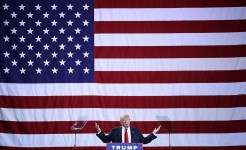 Republican presidential nominee Donald Trump addresses a campaign rally at the Deltaplex Arena October 31, 2016 in Grand Rapids, Michigan. With just eight days until the election, polls show a slight tightening in the race. CHIP SOMODEVILLA/GETTY