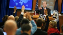 Acting State Department spokesperson Mark Toner takes a question during the first State Department briefing of the Trump administration on Tuesday. The briefing occurred in a rare packed room after a nearly seven-week break from daily department updates. 