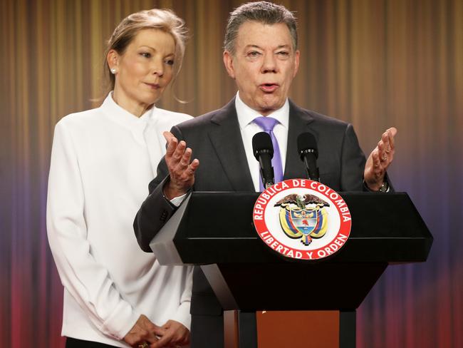 Juan Manuel Santos won the Nobel Peace Prize, just days after voters rejected a peace deal he signed with rebels of the Revolutionary Armed Forces of Colombia. Picture: AP/Fernando Vergara