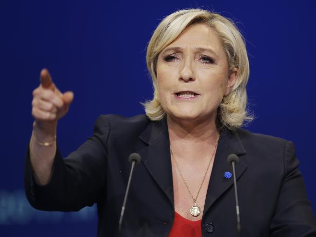 Marine Le Pen speaks during a meeting in Marseilles, April 19. Picture: AP Photo/Michel EulerSource:A