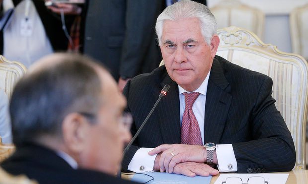 The US secretary of state, Rex Tillerson, talks to Russian foreign minister Sergei Lavrov (left) during their meeting in the foreign ministry guest house in Moscow on Wednesday. Photograph: Sergei Chirikov/EPA