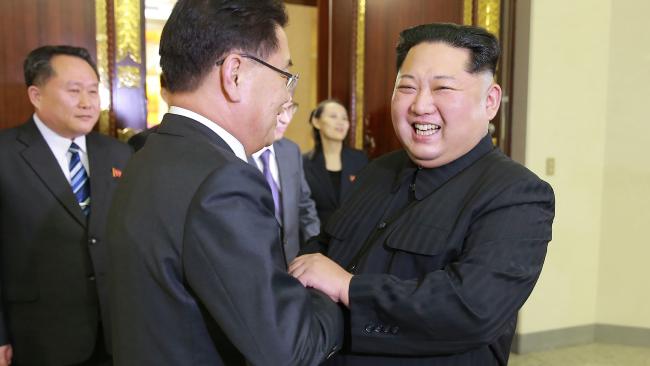 Mr Chung pictured meeting Kim in Pyongyang. Picture: KCNA/AFPSource:AFP