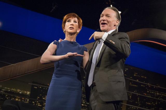 In this Friday, March 9, 2018 photo provided by HBO, comedian Kathy Griffin appears with host Bill Maher on "Real Time With Bill Maher, in Los Angeles. Griffin is embarking on her comeback, some nine months after she provoked outrage — and lost much