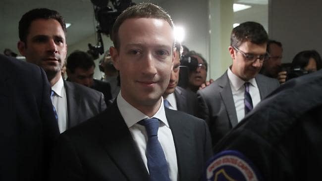 Facebook CEO Mark Zuckerberg (C) on Capitol Hill ahead of his testimony before US Congress. Picture: GettySource:AFP