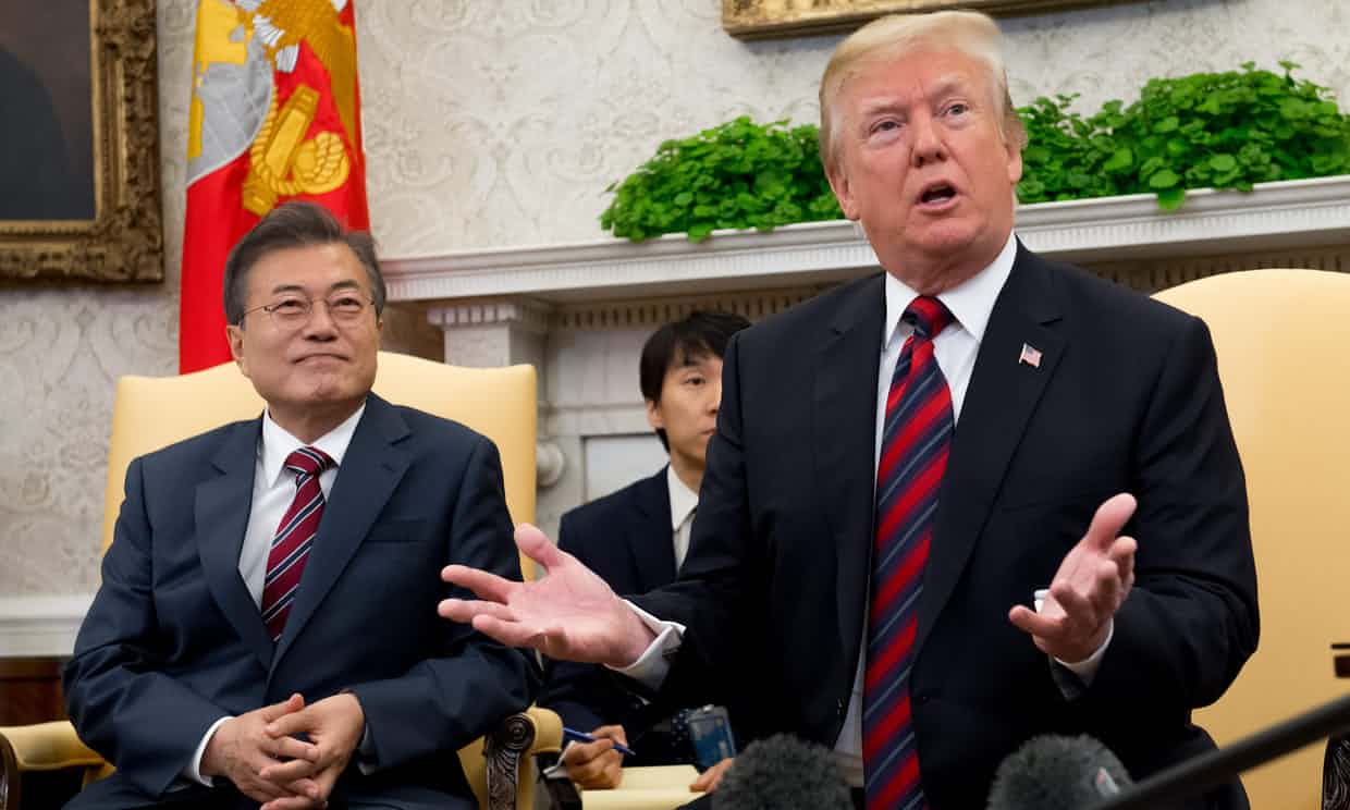 Donald Trump speaks at the White House with the South Korean president, Moon Jae-in, on Tuesday. Moon told Trump the ‘fate and the future’ of the Korean peninsula hinged on the talks. Photograph: Saul Loeb/AFP/Getty Images