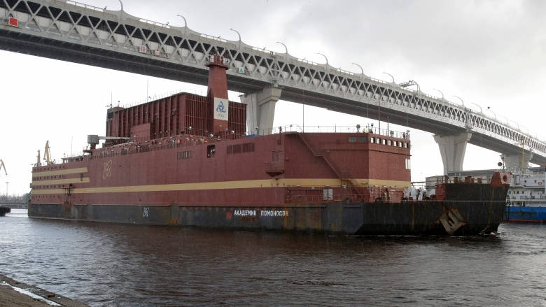 The floating nuclear power plant, the Akademik Lomonosov, is towed out of the St. Petersburg, Russia shipyard where it was constructed. (Dmitri Lomonosov/The Associated Press)