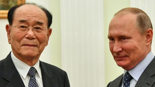 Russian President Vladimir Putin with President of the North Korean Presidium of the Supreme People's Assembly Kim Yong-nam at the Kremlin on June 14, 2018. Picture: AFP Photo/Yuri KadobnovSource:AFP