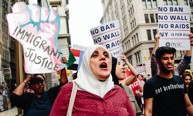 A protest against Trump’s travel ban in New York last year. Trump has issued three executive orders curbing travel from certain Muslim-majority countries. Photograph: Alba Vigaray/EPA