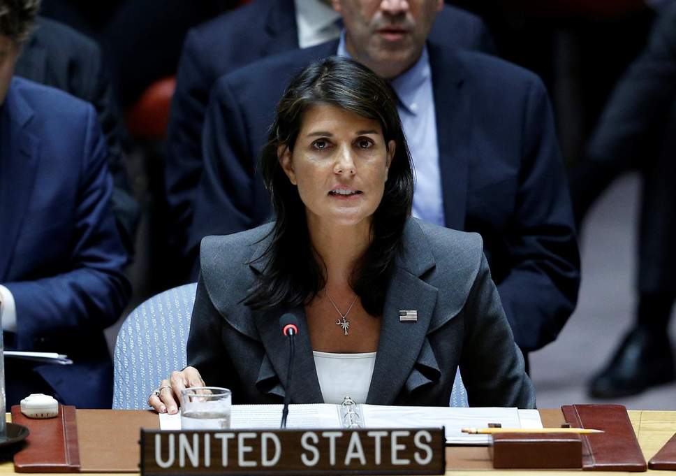 United States Ambassador to the United Nations, Nikki Haley gives a speech during a Security Council meeting ( Getty )
