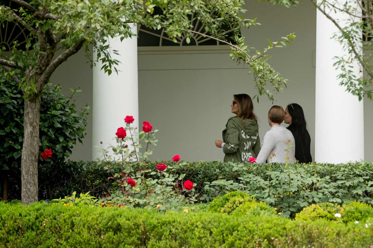 First lady Melania Trump made an unannounced trip to visit immigrant children at a shelter in Texas yesterday. Here she returns to the West Wing of the White House in her news-making jacket.CreditAndrew Harnik/Associated Press