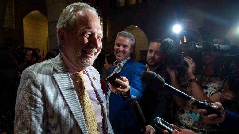 Sen. Peter Harder, the government representative in the Senate, laughs in response to a reporter's question about his outfit, after the vote on Tuesday. (Justin Tang/Canadian Press)