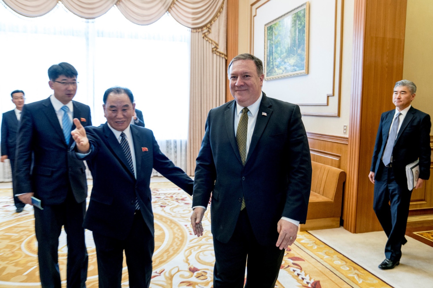 Secretary of State Mike Pompeo with the North Korean official Kim Yong-chol on Saturday in Pyongyang.CreditPool photo by Andrew Harnik