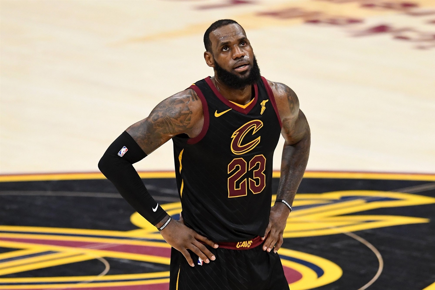 James awaiting the inevitable during game four of the 2018 NBA Finals on June 8, 2018 in Cleveland, Ohio. Jason Miller / Getty Images