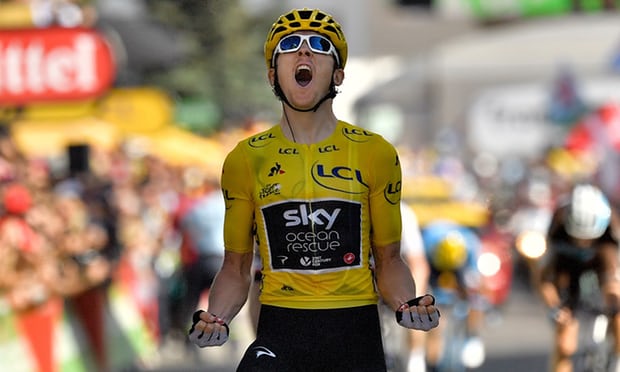 Geraint Thomas burst from the leading pack to clinch victory at the end of the stage. Photograph: Marco Bertorello/AFP/Getty Images