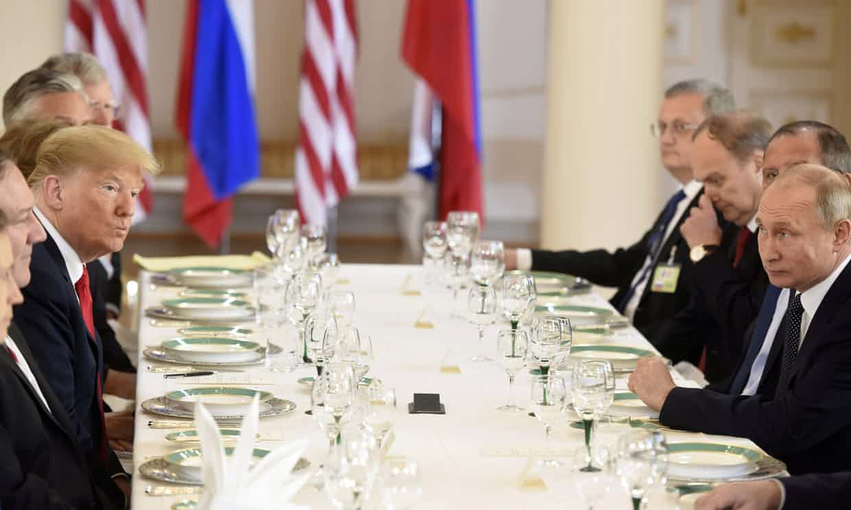  US president Donald Trump participates in an expanded bilateral meeting with Russia’s president Vladimir Putin in Helsinki, Finland Photograph: LEHTIKUVA/Reuters