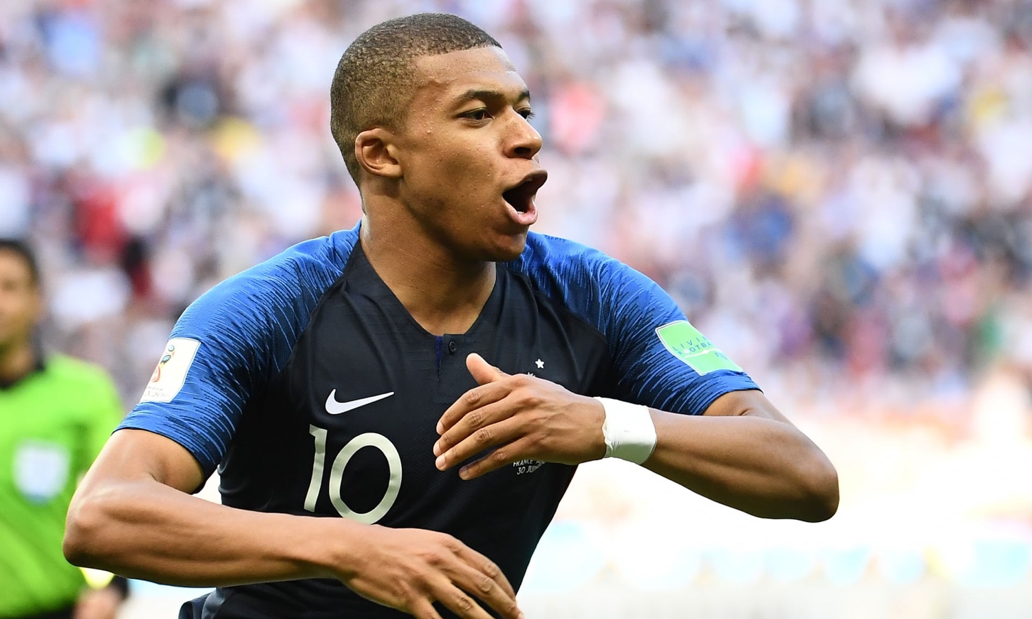 Kylian Mbappé, celebrating after scoring in France’s World Cup win over Argentina, is due to join PSG for £166m after spending last season on loan from Monaco. Photograph: Franck Fife/AFP/Getty Images