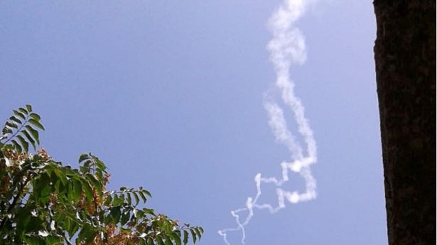 Smoke trails from two Patriot missiles in northern Israel on July 24, 2018 / Reuters