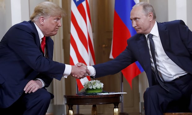 Trump and Putin in Helsinki on Monday. Trump was roundly criticized for siding with Russia rather than US intelligence on whether Moscow interfered in the 2016 election. Photograph: Pablo Martinez Monsivais/AP