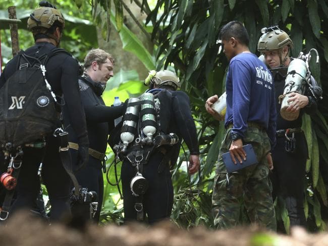 International rescuers get ready to enter the cave. Picture: Sakchai Lalit/APSource:AP