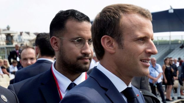 REUTERS /Mr Macron and Mr Benalla (L) pictured together in July