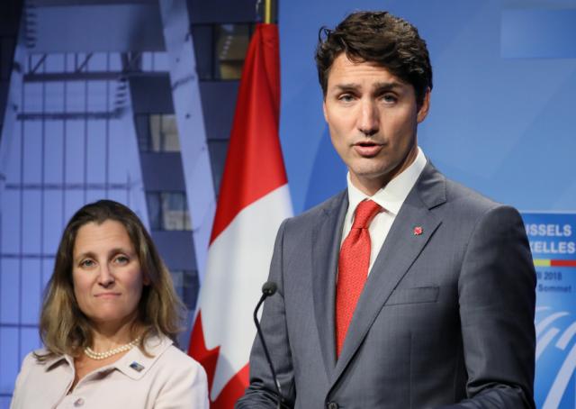 Canada&#39;s Prime Minister Justin Trudeau and Canada&#39;s Foreign Minister Chrystia Freeland hold a news conference after participating in the NATO Summit in Brussels, Belgium July 12, 2018. REUTERS/Reinhard Krause