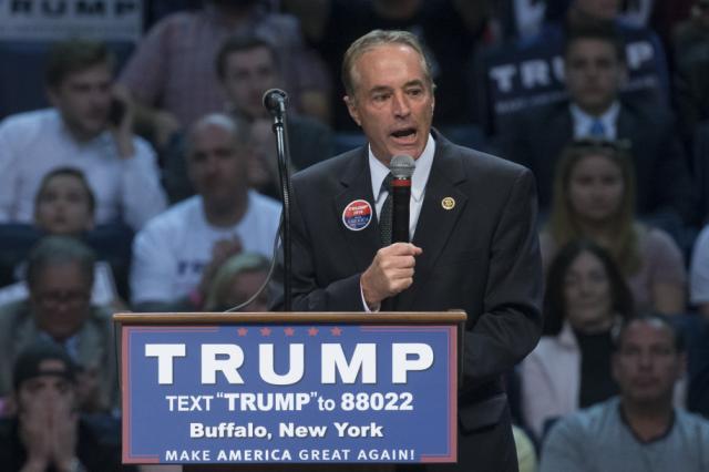 Rep. Chris Collins, R-N.Y., speaks to the crowd before the arrival of Republican presidential candidate Donald Trump during a campaign stop at the First Niagara Center, Monday, April 18, 2016, in Buffalo, N.Y. (Photo: John Minchillo/AP