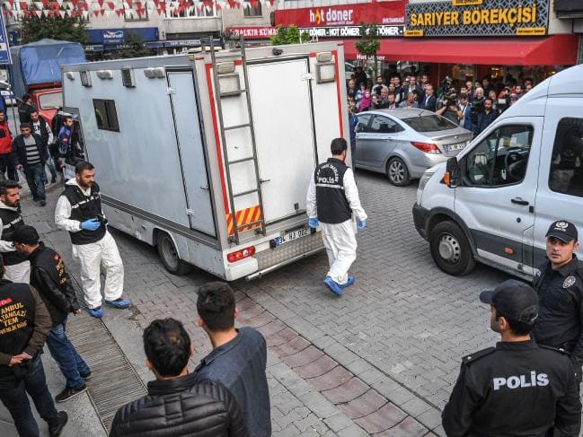 Turkish forensic police investigate an abandoned car belonging to the Saudi consulate. Picture: AFPSource:AFP