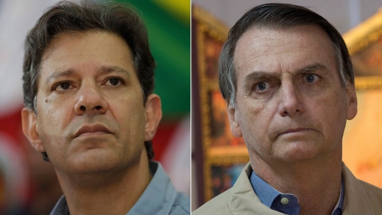 Heading into Sunday's vote, polls showed far-right former army captain Jair Bolsonaro, right, with a double-digit lead over his leftist rival Fernando Haddad. (ndre Penner, Silvia Izquierdo/Associated Press)