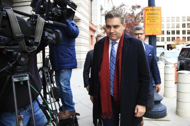 CNN&#39;s Jim Acosta walks into federal court in Washington, Wednesday, Nov. 14, 2018, to attend a hearing on legal challenge against President Donald Trump&#39;s administration. Trump&#39;s administration contends it has "