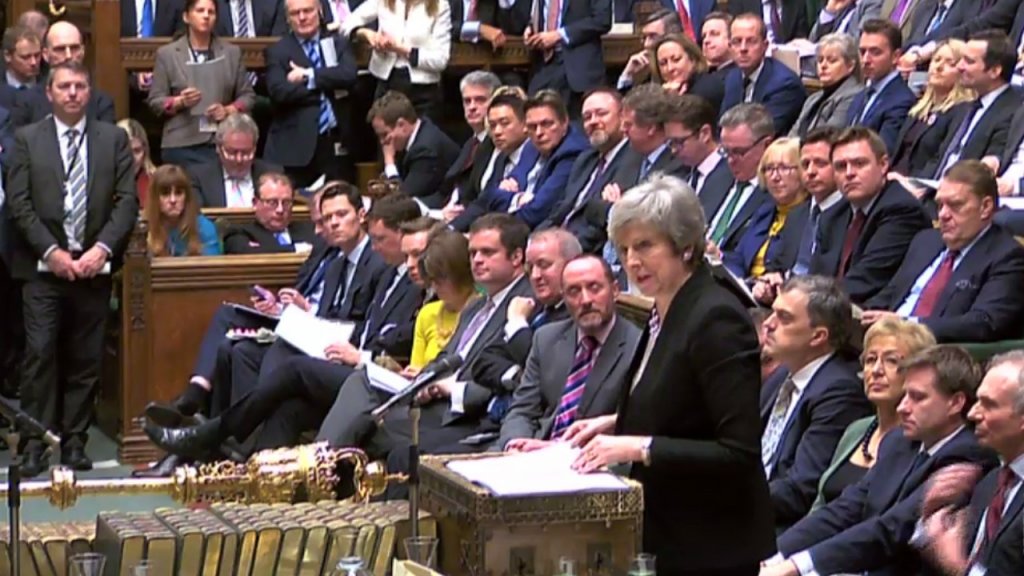 HO/PRU/AFP | Video grab from a UK Parliament’s Parliamentary Recording Unit (PRU) broadcast shows British PM Theresa May at the House of Commons, January 29, 2019.