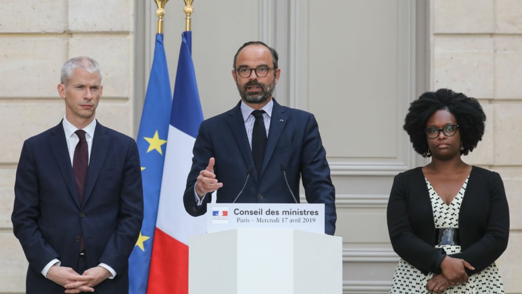 Ludovic Marin, AFP | French Culture Minister Franck Riester, French Prime Minister Edouard Philippe and French Junior Minister and Government's spokesperson Sibeth Ndiaye give a press conference at the Elysee Presidential palace on April 17, 2019 in