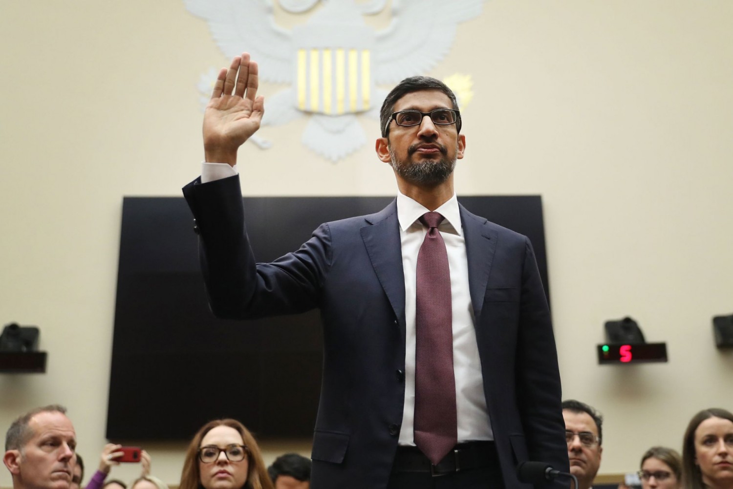 Sundar Pichai, chief executive officer of Google, is sworn in during a House Judiciary Committee hearing in Washington, D.C., U.S., on Tuesday, Dec. 11, 2018. Andrew Harrer | Bloomberg | Getty Images