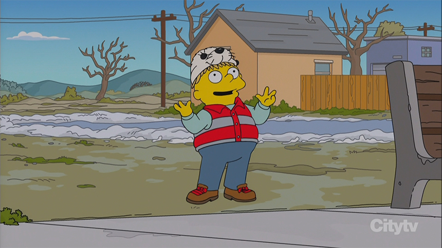 On Sunday’s episode of The Simpsons, this boy, claiming to be from Newfoundland and Labrador, clubs a stuffed white seal that looks like a baby seal. In reality, killing baby seals is illegal in Canada. (FOX)