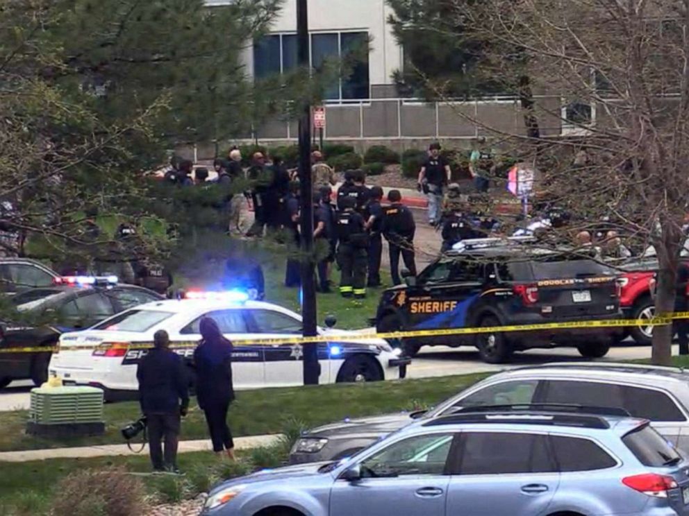 First responders gather after a shooting at a STEM School Highlands Ranch in Highlands Ranch, Colo., May 7, 2019.