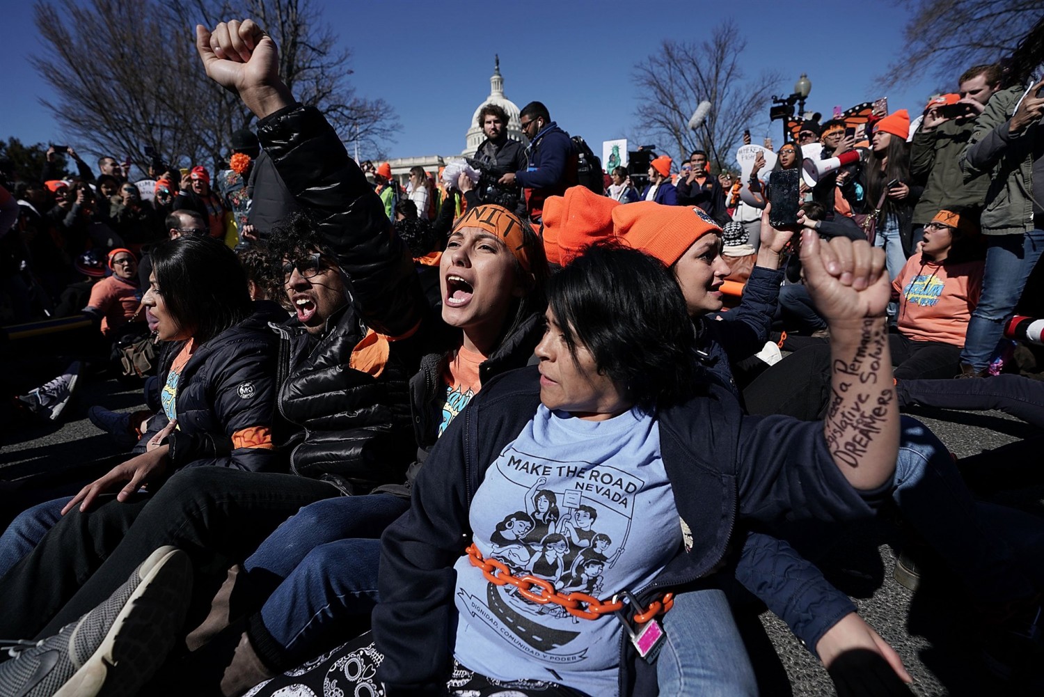 Immigration activists chain themselves up as they stage a civil disobedience to shut down Independence Avenue on Capitol Hill on March 5, 2018.Alex Wong / Getty Images file