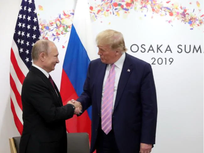 It’s the first time the two leaders have met since their meeting in Finland when the US leader appeared to side with Russia over his own intelligence services. Picture: Mikhail Klimentyev, Sputnik, Kremlin Pool Photo via AP.Source:AP